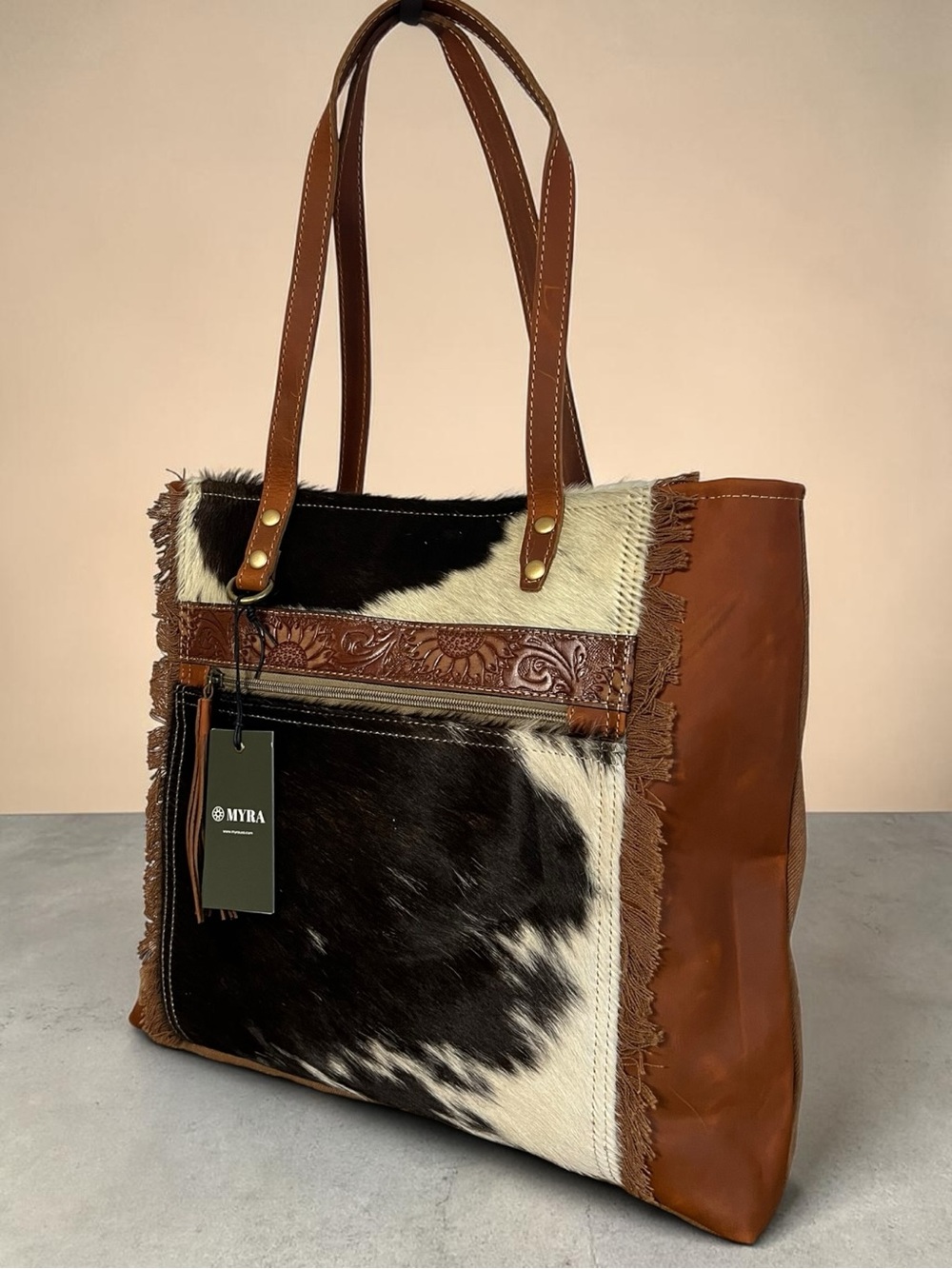 Myra Cowhide Tooled Leather Tote Bag Western Boho Floral Fringe Shoulder Bag - Picture 7 of 12
